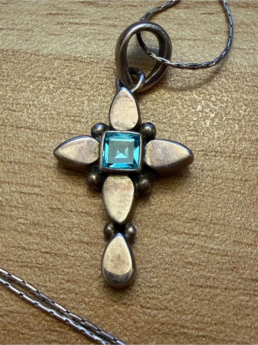 Silver Cross Pendant Necklace with Topaz Square Stone